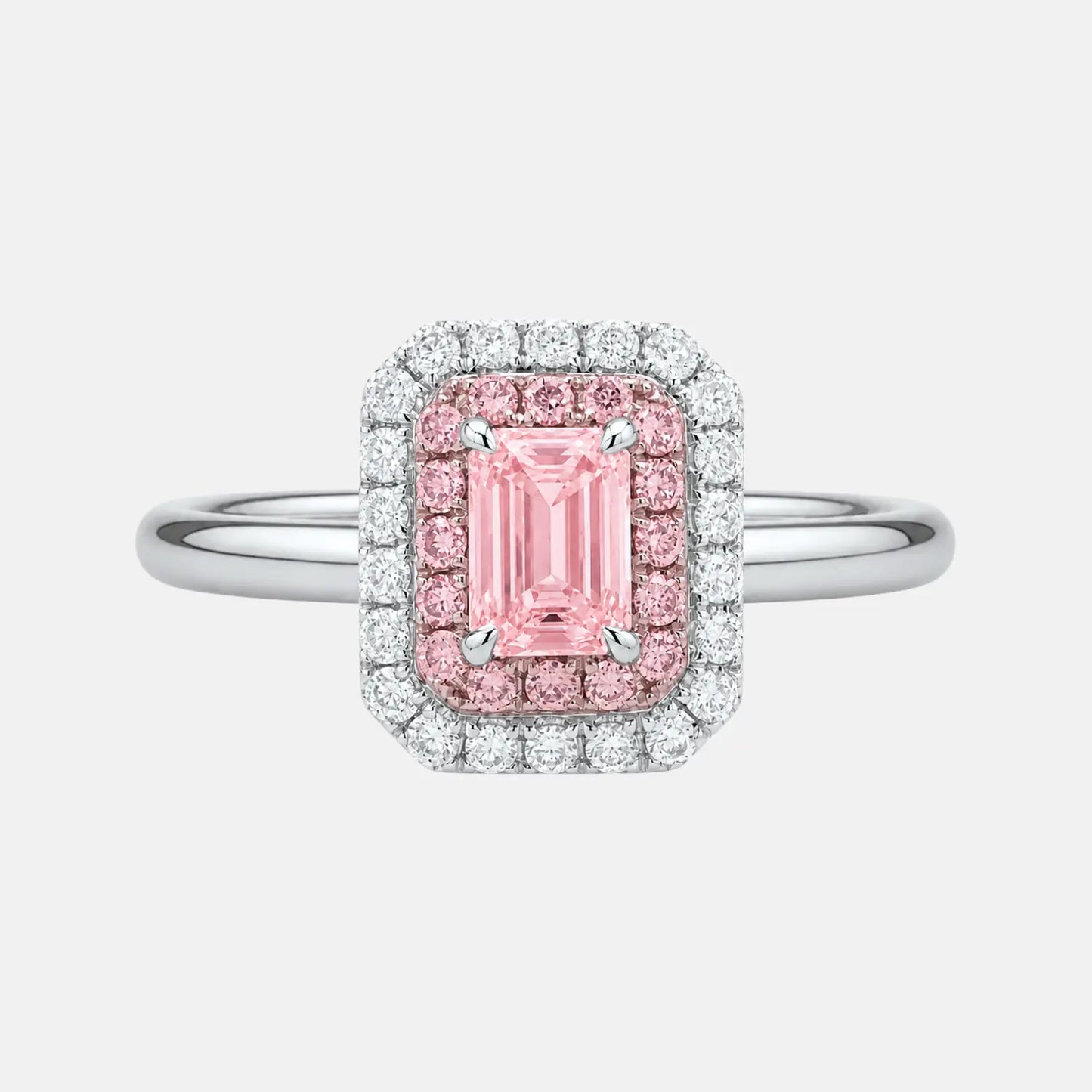 celeste pink emerald cut diamond double halo engagement ring