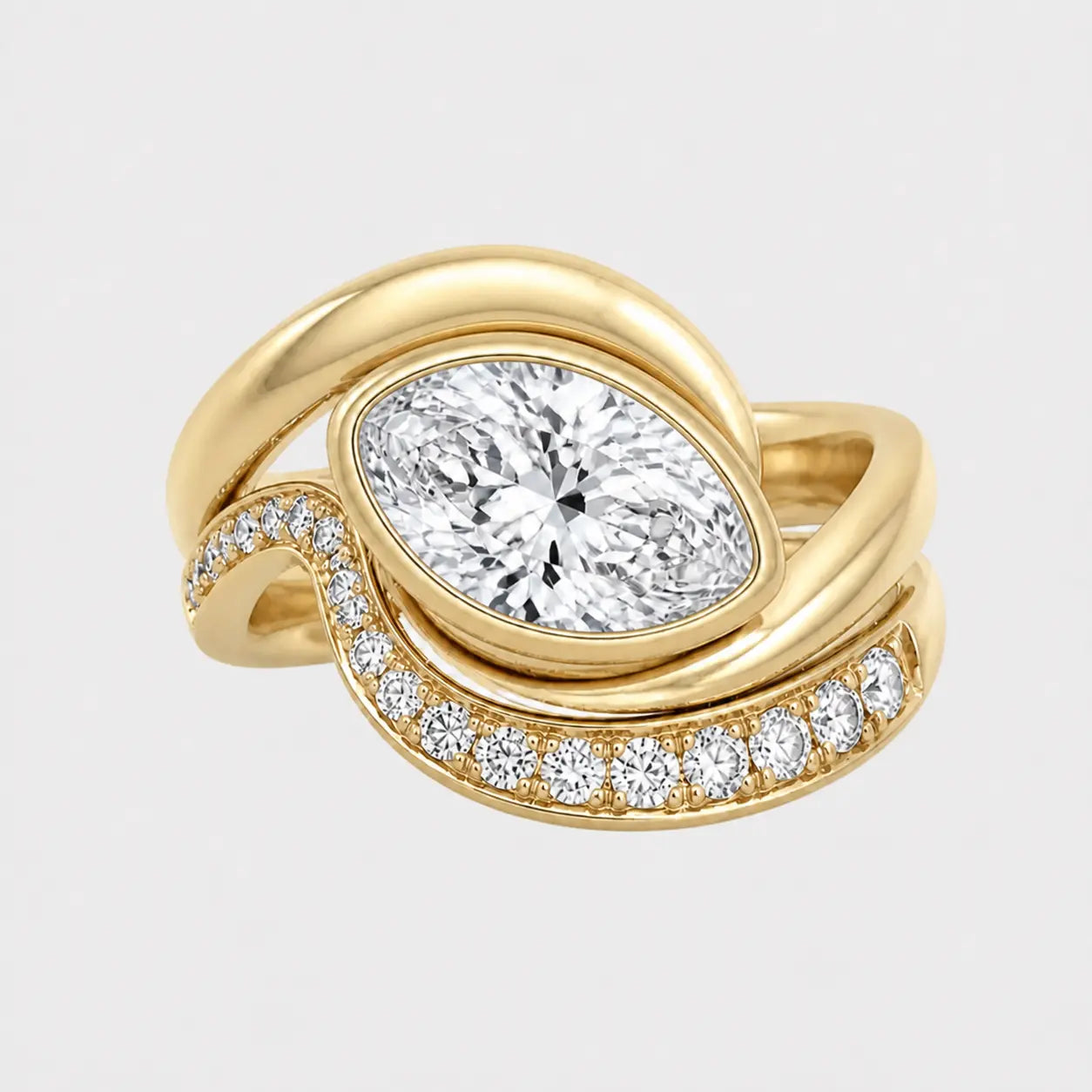 VELORA Sculptural Bezel Wrap Pavé Ring – Oval diamond
