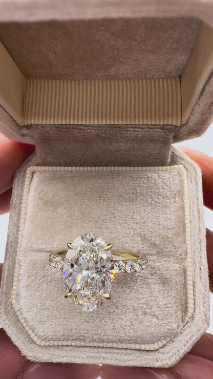 3.51ct Oval Diamond Ring with Pavé Band and Hidden Halo