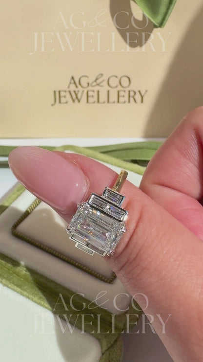 Ashira - 5.50CT Bezel Set 7-Stone Lab Diamond Ring with Emerald Centre Stone & Baguette Side Stones