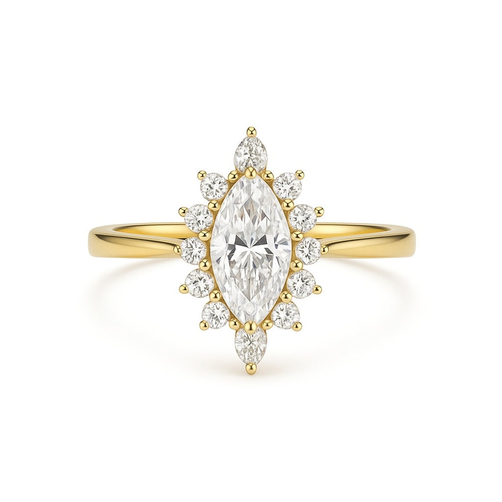 Soleil - A marquise diamond framed by a radiant sunburst halo AG & CO Jewellery