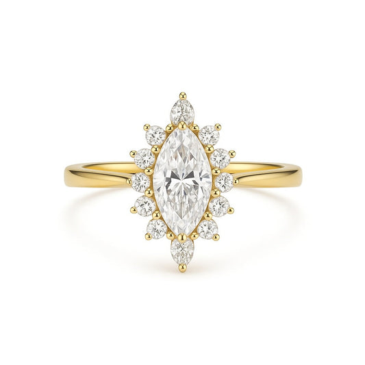 Soleil - A marquise diamond framed by a radiant sunburst halo AG & CO Jewellery