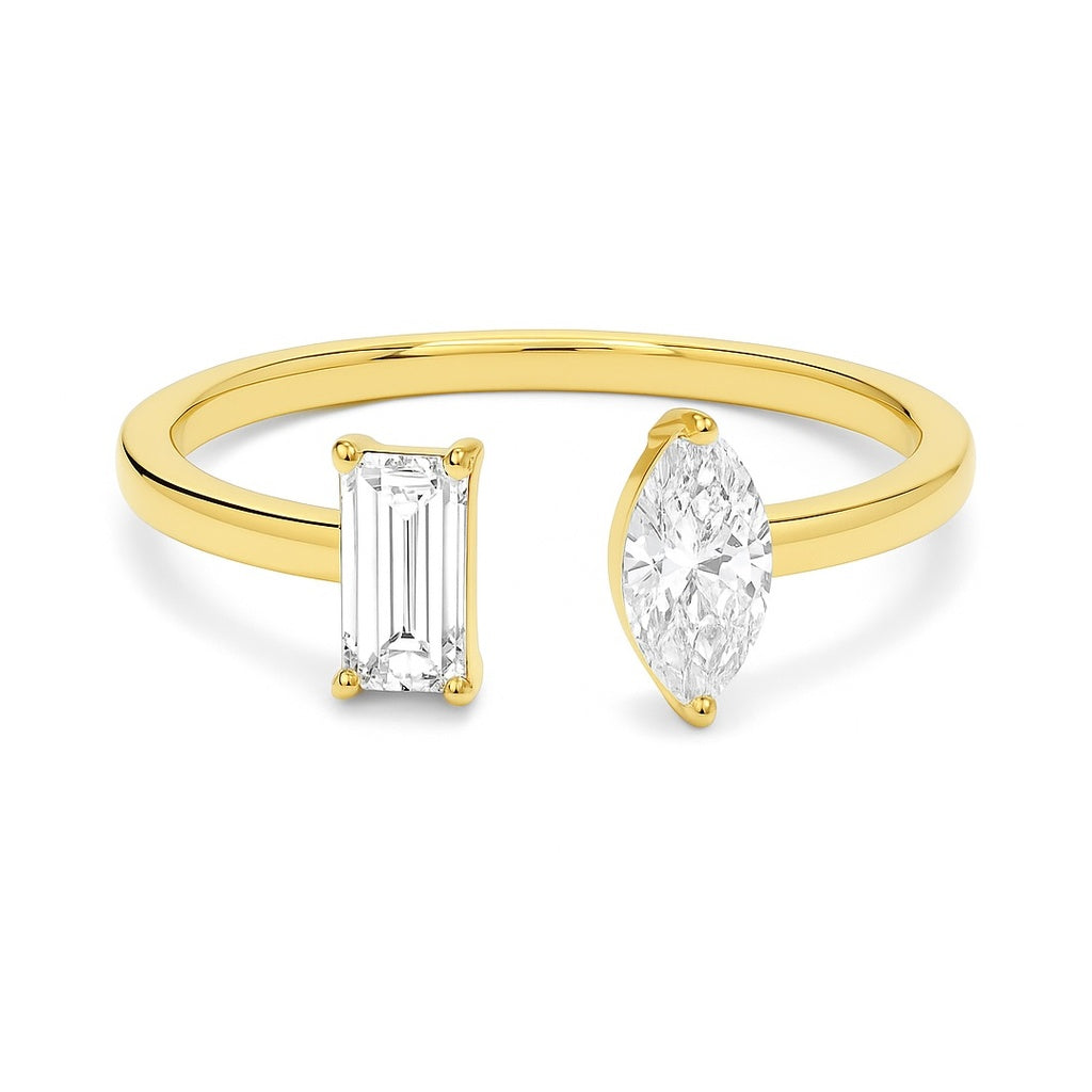 Nova Duo - A bold open ring balancing marquise and emerald shapes AG & CO Jewellery