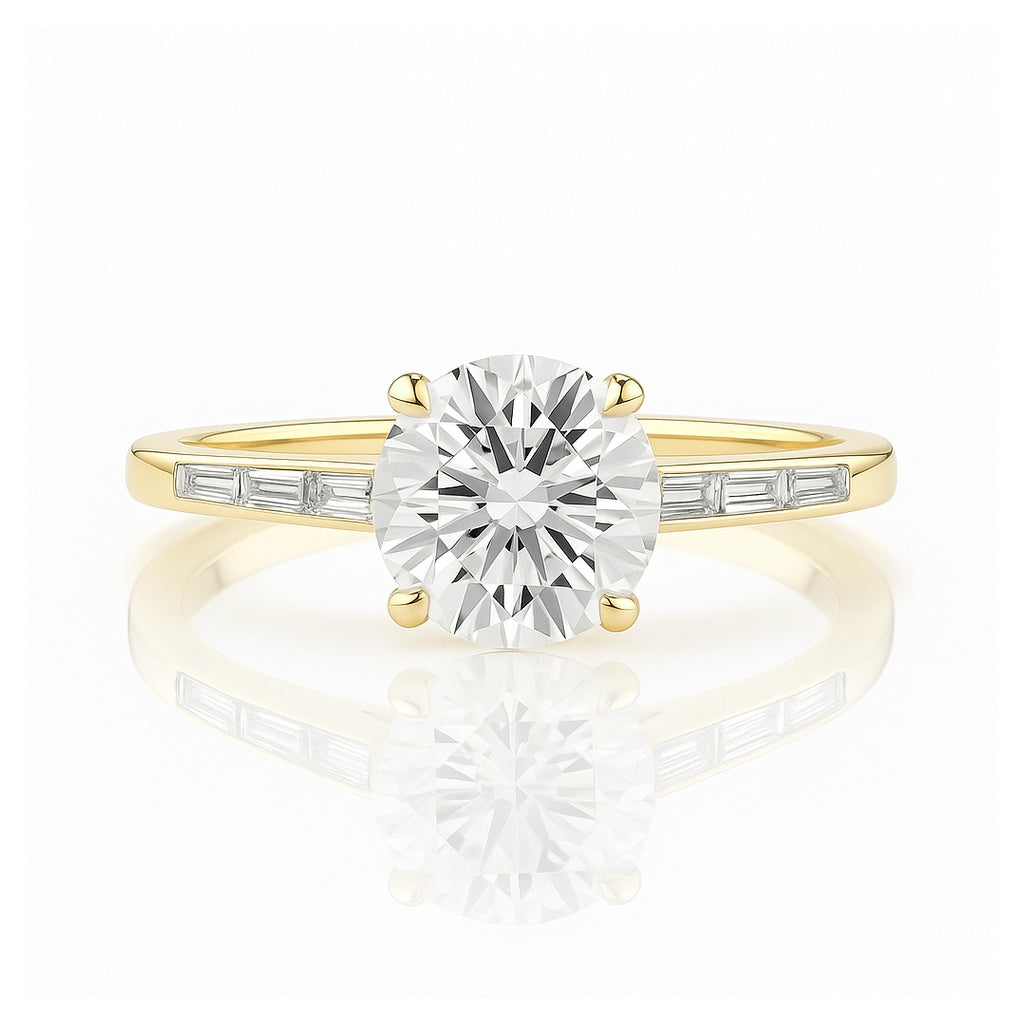 Élodie - timeless round solitaire with baguette-accented shoulders AG & CO Jewellery
