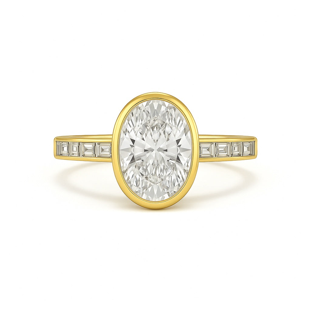 Lyonnaise - Oval Bezel Engagement Ring with Channel Baguettes AG & CO Jewellery