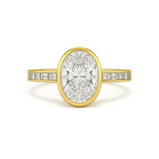 Lyonnaise - Oval Bezel Engagement Ring with Channel Baguettes AG & CO Jewellery