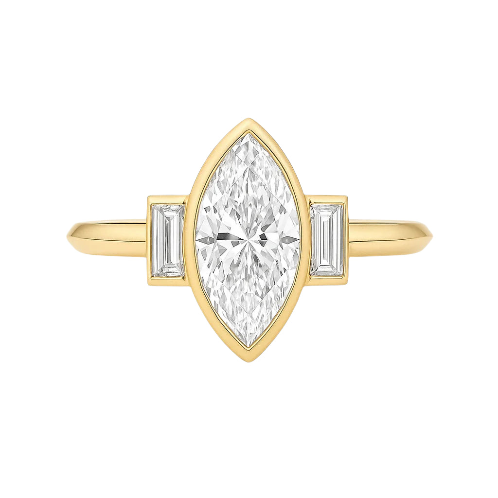 the aureline - marquise bezel set engagement ring with baguette accents ag & co jewellery