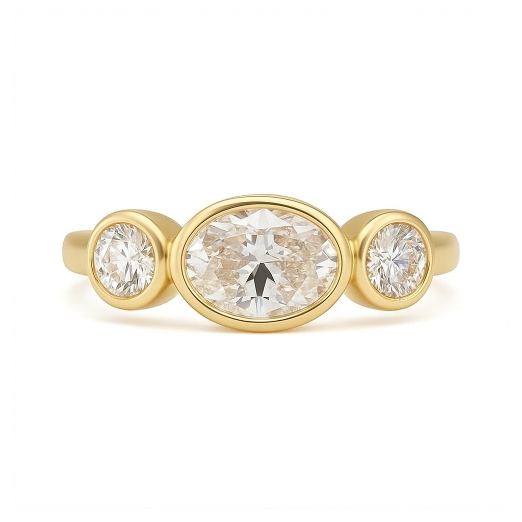 Selene - Bezel Trilogy Oval Engagement Ring with Round Bezel Set Side Stones AG & CO Jewellery