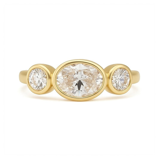 Selene - Bezel Trilogy Oval Engagement Ring with Round Bezel Set Side Stones AG & CO Jewellery